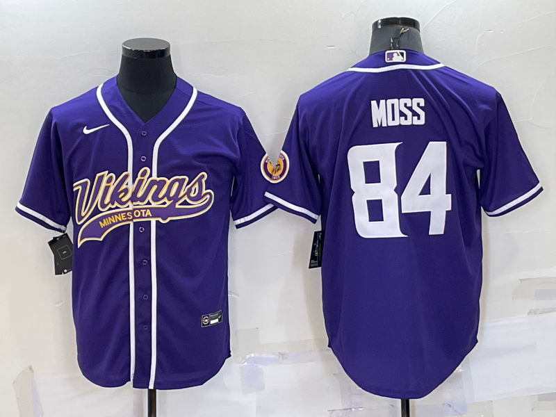 Men's Purple Minnesota Vikings #84 Randy Moss With Patch Cool Base Stitched Baseball Jersey